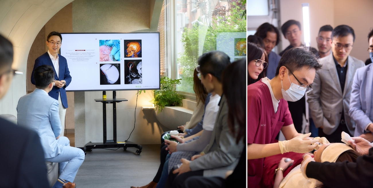 林亮辰醫師於新竹Bri.概念館床邊，向香港醫師團隊親自示範4D童妍針減齡三部曲的分層分區注射實作。